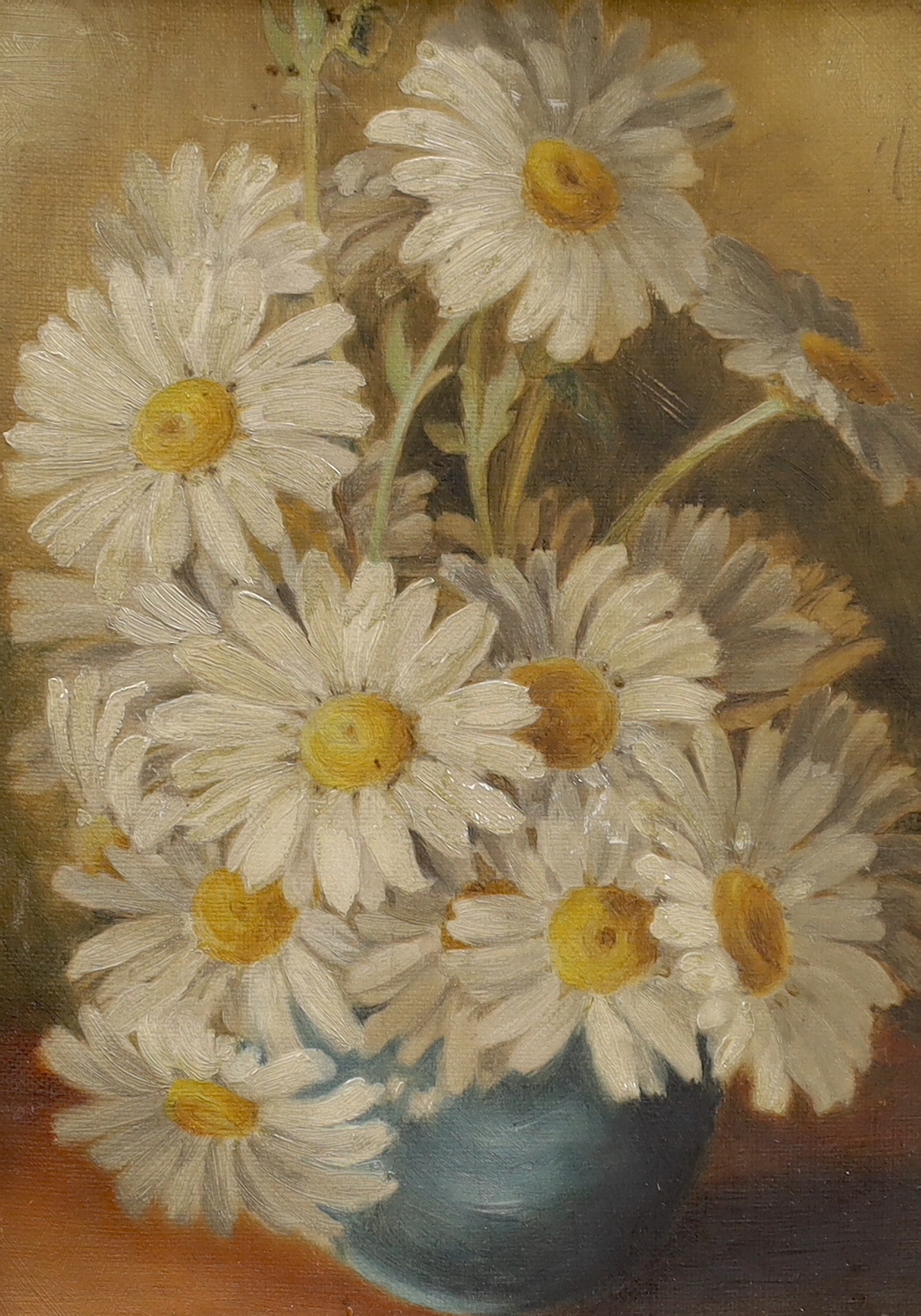 J R Burchell, oil on canvas, Interior scene with young mother cradling her baby, unframed (a.f.) and Modern British School, oil on canvas, Still life of Chrysanthemums in a blue vase, largest 23 x 18cm